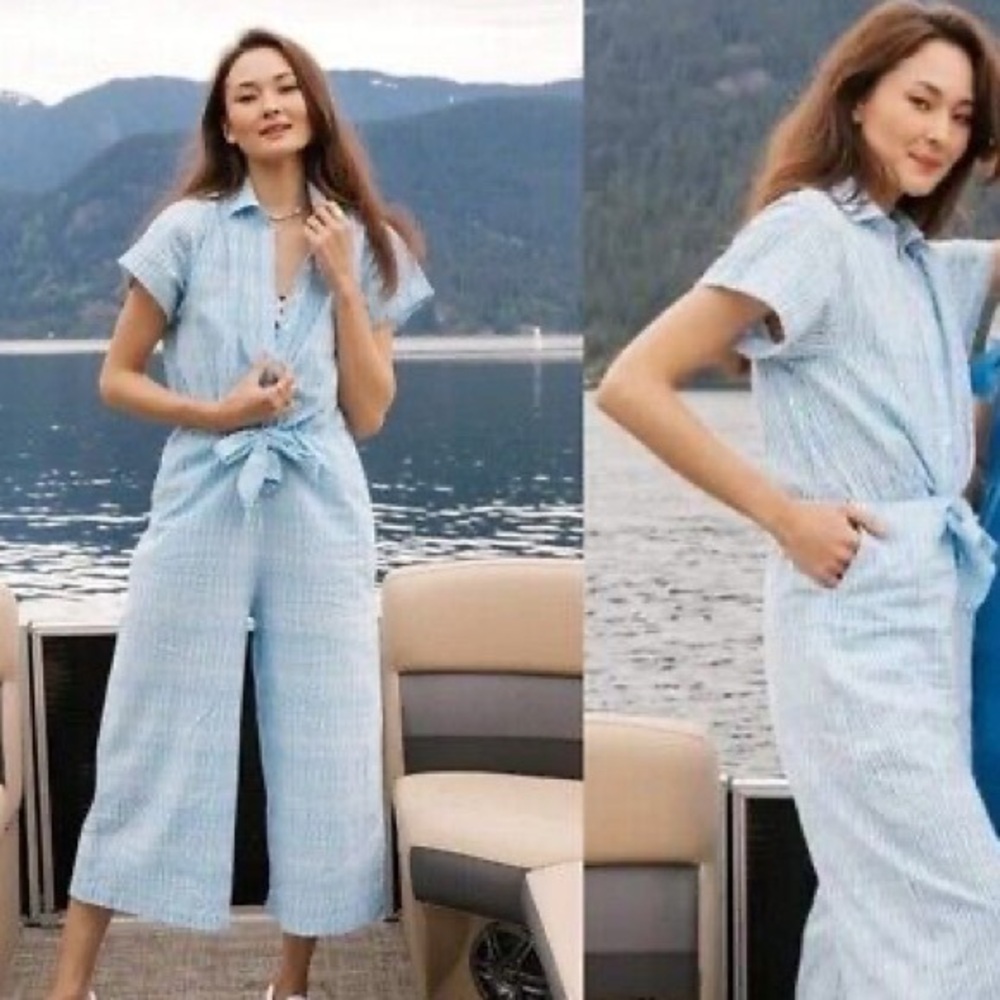 Smash + Tess, Women's Fresh Romper Jumpsuit in Smash Stripe -Blue/White. XXXS